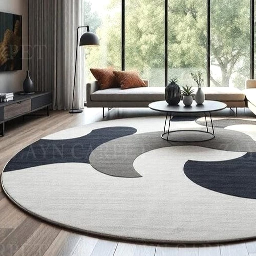 Handcrafted Round Monochrome Abstract Living Room Rug